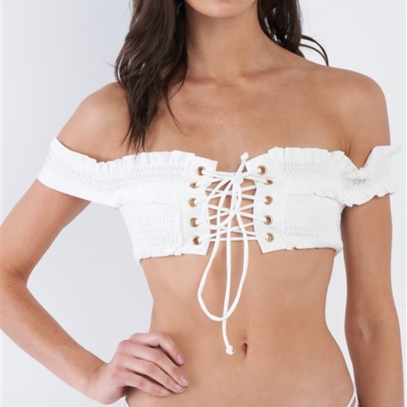 White Off-The-Shoulder 2 piece Lace up Bikini Set - Picture 4 of 6